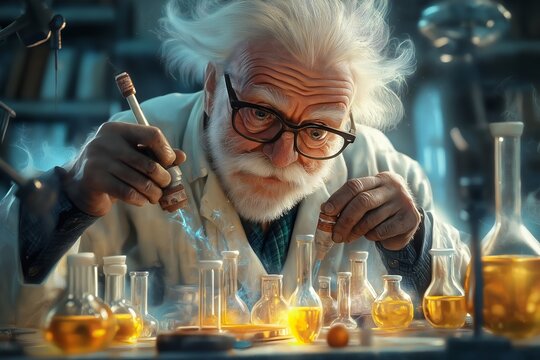 Man in a lab coat is working with a beaker. He is wearing glasses and has a beard. Crazy scientist nutty professor is doing experiment for science