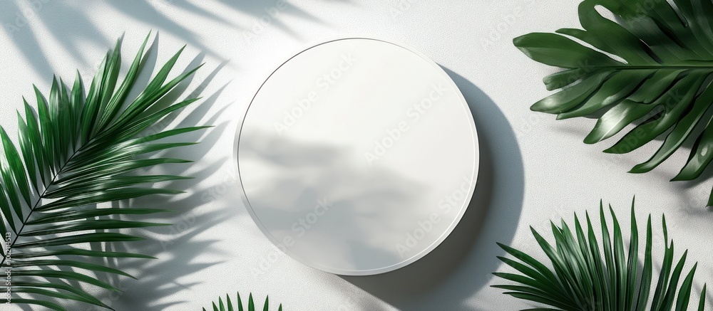 Canvas Prints White round platform on white background with palm leaves around.