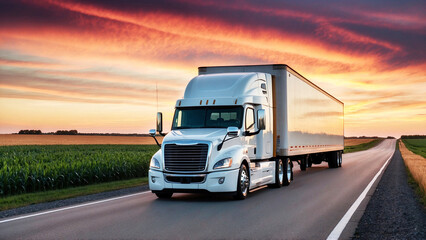 White Semi-Truck Cruising on an Open Highway at Sunset with Endless Fields and Scenic Views