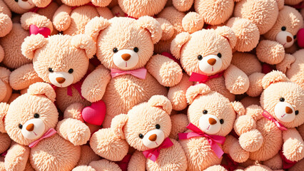 Close Up of Many Pink Teddy Bears with Pink Ribbons