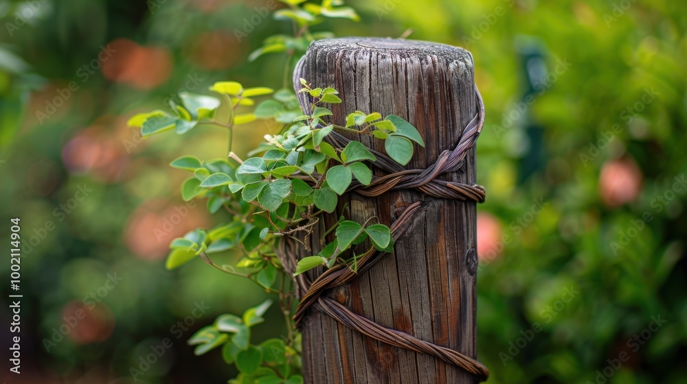 Poster Green Vine Climbing on a Wooden Post in Nature