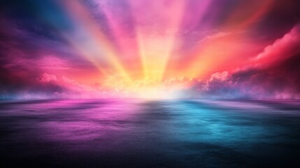 Naklejka premium A vibrant sunset over calm waters, featuring bold pinks, purples, and blues with radiant rays illuminating the sky.