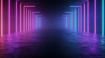 Fototapeta premium A futuristic corridor with glowing pink and blue neon lights set against a misty background, creating an ethereal atmosphere.