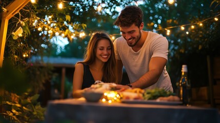 A man and woman are sitting at a table with food in front of them. They are smiling and seem to be enjoying each other's company