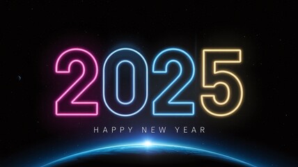 Obraz premium Neon 2025 Happy New Year with Earth.
