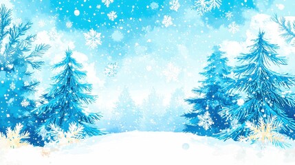 Obraz premium Snow falling on pine trees in winter wonderland watercolor illustration