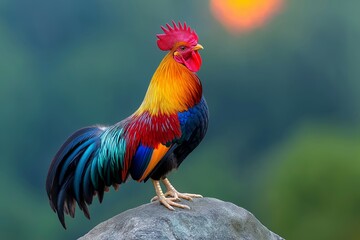 Fototapeta premium Rooster with a black and red head. It is standing on a green field. The rooster has a black and red tail. full body shot of a rooster