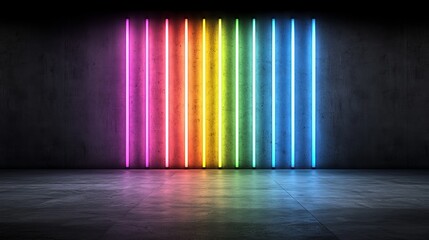 Obraz premium A vibrant display of neon lights arranged vertically in a spectrum of colors against a dark, textured wall, creating a modern, artistic ambiance.