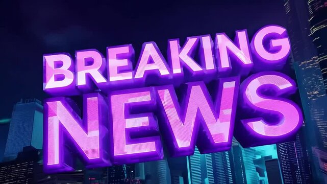 Phrase Breaking News in cyberpunk style zooms in on a neon-lit cityscape, with glowing purple letters