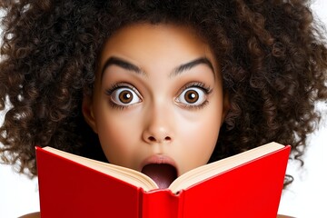 Woman with brown hair is reading a red book. She has wide open eyes. The book is red and has a white cover. Surprised beautiful curly-haired girl reads a red book on a white background