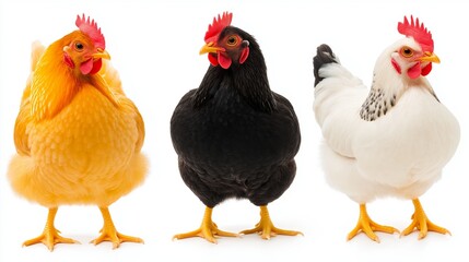 Fototapeta premium Three chickens standing in a row. One is yellow, one is black, and one is white. Three good-looking and energetic chickens