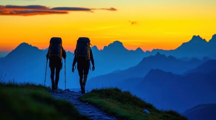 Fototapeta premium Hikers couple walking on mountain trail at sunset