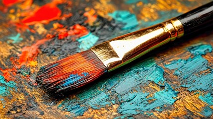 Fototapeta premium Paintbrush laying on a palette covered in colorful oil paints