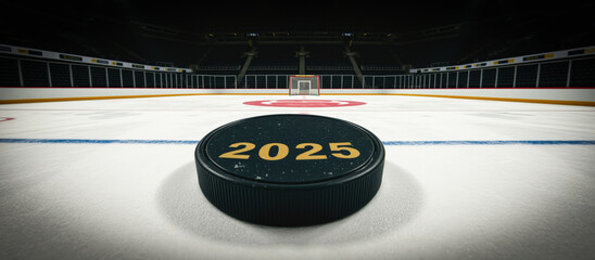 Hockey puck with 2025 on an empty rink