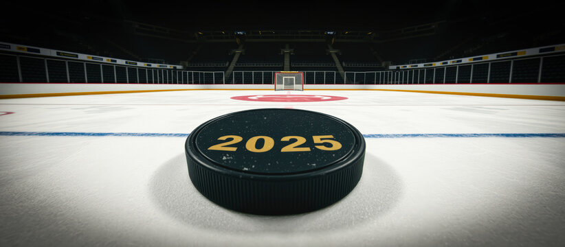 Hockey puck with 2025 on an empty rink
