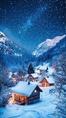Naklejka premium Snow falling over wooden cabins in mountain valley