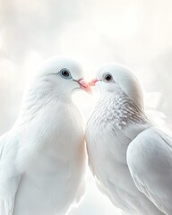 Two white doves showing love and kissing each other