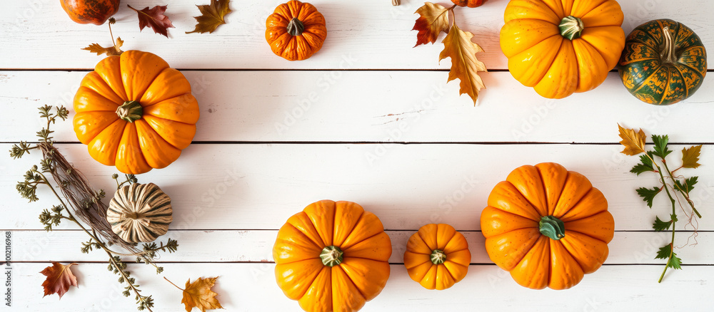 Canvas Prints Autumnal Pumpkins on White Wooden Background