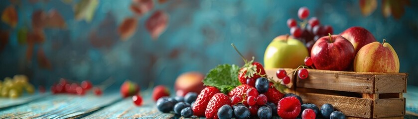 Colorful assortment of fresh fruits in a wooden basket.