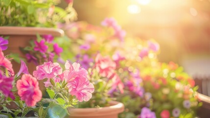Obraz premium Vibrant pink and purple flowers in sunlight. Spring and garden concept for banner and postcard design.