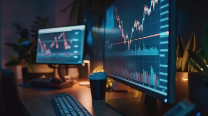 Naklejka premium Modern Workspace with Stock Market Graphs on Screens