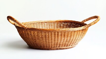 Wicker basket with handles on white background