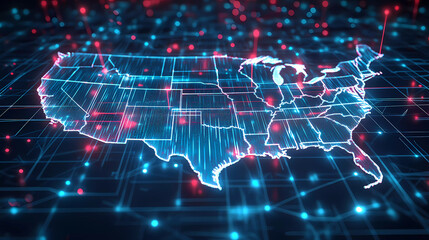 Fototapeta premium Digital map of USA, concept of North America global network and connectivity, data transfer and cyber technology, information exchange and telecommunication Generative AI