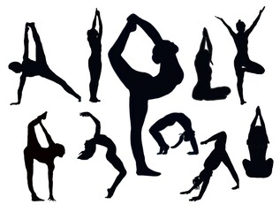 silhouette person. Yoga silhouettes.Yoga set silhouette illustration. Set of yoga Silhouette . Hand drawn black silhouettes. Female.