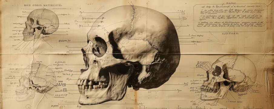 Detailed anatomical drawing of a human skull on aged paper.