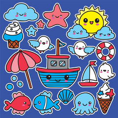marine time beach activities sticker set clouds sun ship birds ice cream shell octopus fish umbrella picnic vector cartoon for kids starfish holiday high quality