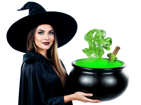 a young beautiful woman in a halloween costume, a witch with a cauldron isolated on a transparent background, fairytale role-play
