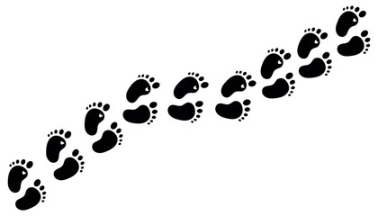 Baby foot prints. A trail of baby footprints. Black prints of the baby's bare feet.