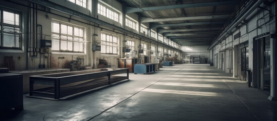 Interior of Factory, Factory Floor, Workshop, Factory Shop. Industrial Building Inside. Old Industrial Enterprise.