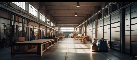 Fototapeta premium Spacious Modern Factory Interior with High Ceilings, Large Windows, and Industrial Machinery. Manufactory, Workshop or Factory Floor for Manufacturing Furniture, Woodworking and Wood Processing