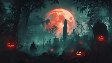 Obraz premium A haunted forest with glowing pumpkins