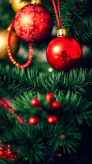Naklejka premium Red Christmas Ornaments on a Green Christmas Tree