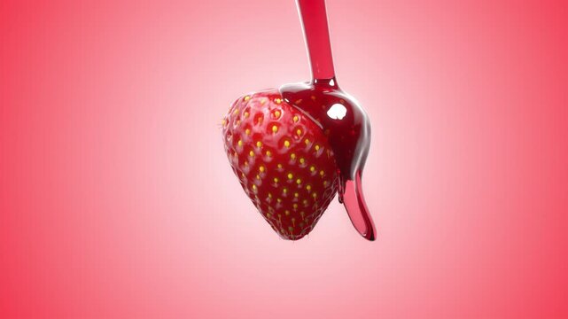 Closeup Strawberry sauce drip on red strawberry isolate on pink background. 3D Render.