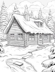  Coloring page for kids, a cabin in the woods with snow on the roof, in a cartoon style with thick lines and low details,