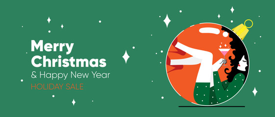 Christmas glass snow globe girl inside. Xmas Sale web banner with magical snow ball, vector illustration