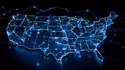 Obraz premium Digital map of USA, concept of North America global network and connectivity, data transfer and cyber technology, information exchange and telecommunication Generative AI