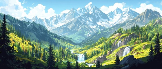 Majestic mountains and lush valleys with cascading waterfalls under a bright blue sky in a vibrant natural landscape
