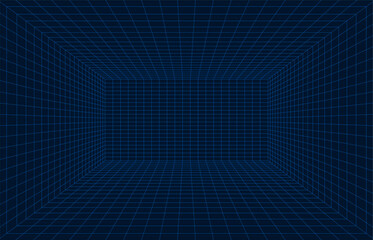 Empty futuristic digital box room. Wireframe grid template in perspective