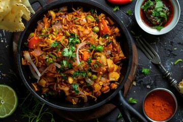 Fototapeta premium Aromatic Indian Vegetable Biryani with Cashews and Fresh Herbs in a Vibrant Setting