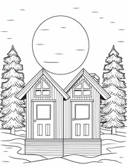 Naklejka premium A simple line art illustration of two wooden buildings with doors and windows