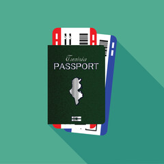 Vector passport with tickets. Air travel concept. Flat Design citizenship ID for traveler isolated. Blue international document - Tunisia.