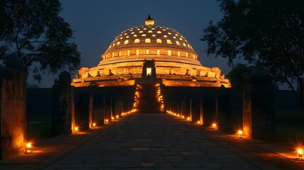 Fototapeta premium The magnificent Sanchi Stupa illuminated at night for Buddha Purnima