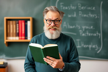 Professor holding a book while explaining wearing glasses on beige background