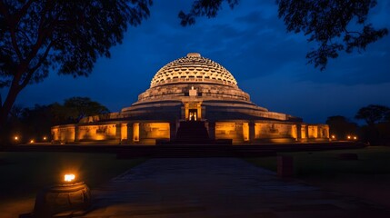 Fototapeta premium The magnificent Sanchi Stupa illuminated at night for Buddha Purnima