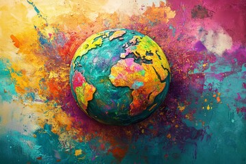 Artistic world map featuring bright, eye-catching colors and textures.