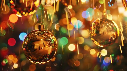 Golden Christmas ornaments hanging with colorful bokeh lights in the background. Holiday celebration and decoration concept.